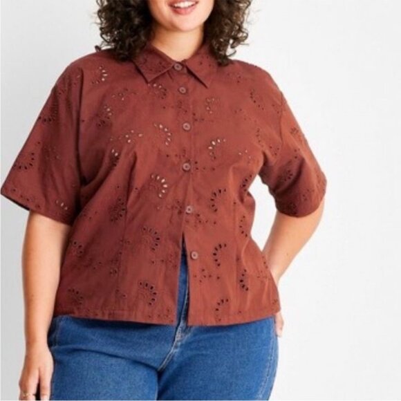 Target Short Sleeve Eyelet Button-Down Shirt Future Collective™ Collab Rust - Picture 3 of 5